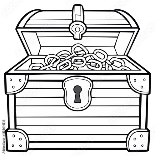 Open Treasure Chest Filled with Chains Line Art Illustration Black and White Vector for Coloring Book