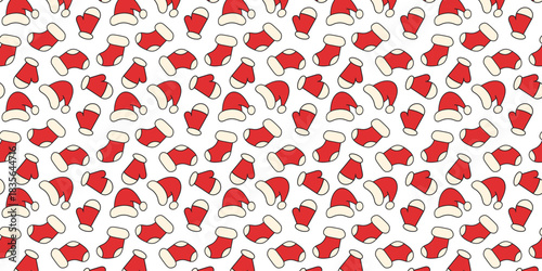 Seamless festive pattern of red Christmas stockings and Santa hats on a white background