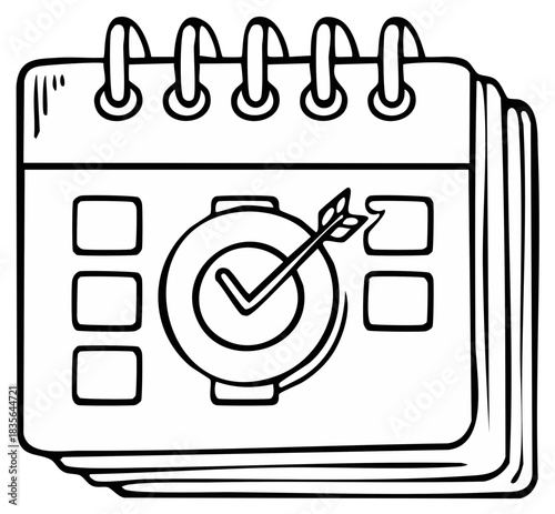 Simple calendar page outline with clock target and arrow hitting deadline with scheduled events