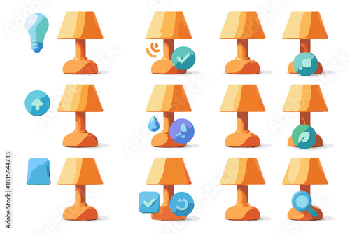 Energy update reminder cleaning mode maintenance brightness lamp vector firmware check icons