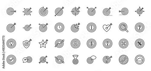 Business and strategy line icon set. Vector pictograms of target with arrow, question mark, shield, lightbulb, and dollar symbol, thin outline illustration.