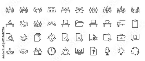 Corporate business meeting and office work line icon set. Vector pictograms of teamwork, discussion, documentation, and communication, thin outline illustration.