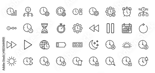 Time management line icon set. Vector pictograms of clock, stopwatch, calendar, alarm, and global timezone, thin outline illustration.