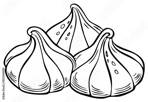 Stylized meringues illustration, black outline drawing of dessert treats clustered together