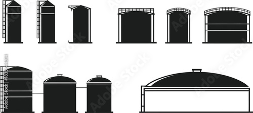Industrial storage tanks used in the oil, gas, and petrochemical industries. Industry verticals, chemical, water, fuel tanks vector illustration silhouette icon seet.