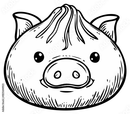 Hand-Drawn Sketch of Pig-Shaped Chinese Steamed Bun, Cute Cartoon Food Character, Dumpling Mascot Illustration