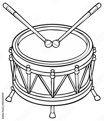 Outline drum with drumsticks. Musical instrument illustration.