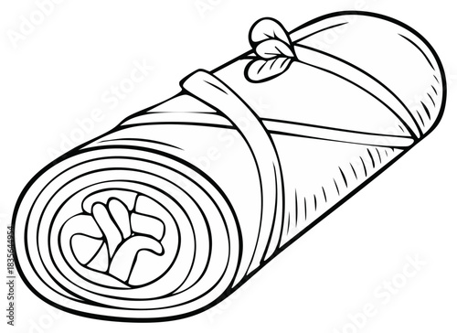 Line art illustration of a rolled up mat secured with straps and a charming leaf detail perfect for comfort or travel