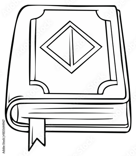 Line art illustration of a closed old book with a decorative cover and bookmark perfect for reading or wisdom concepts