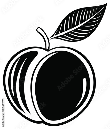 Stylized apple fruit illustration with leaf in vector graphic black and white simple design