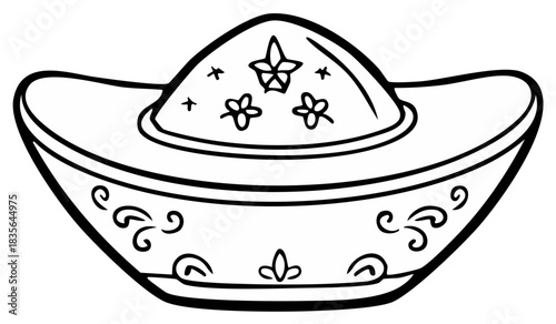Traditional Chinese Gold Ingot Sycee Prosperity Wealth Symbol Line Art Illustration