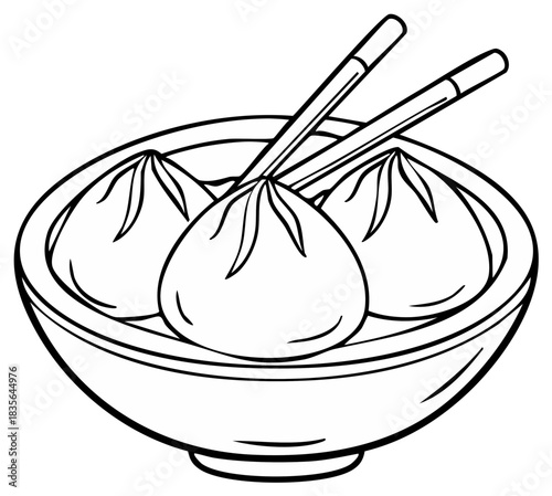 Simple black and white illustration of dumplings in a bowl with chopsticks