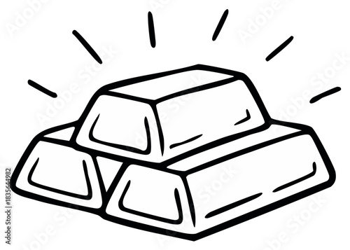 Black and white sketch of three stacked gleaming gold bullion bars symbolizing wealth and financial success