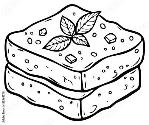 Hand drawn black and white focaccia bread slices with basil garnish vector illustration