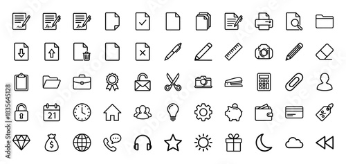 Business and office line icon set. Vector pictograms of documents, finance, tools, and user interface elements, thin outline illustration.