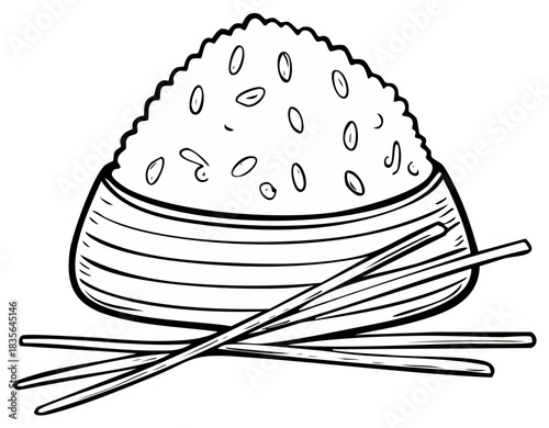Hand drawn cartoon illustration of a traditional Asian rice bowl with chopsticks