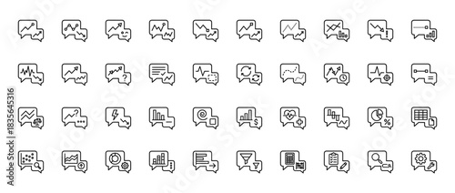 Business and data analysis line icon set. Vector pictograms of charts, graphs, settings, and reports, thin outline illustration.