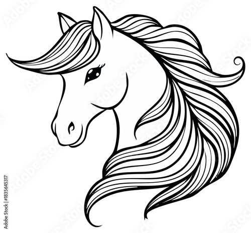 Stylized horse head with a beautiful flowing mane black and white line art illustration