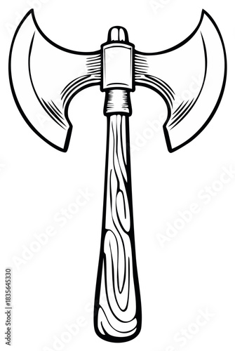 Double headed battle axe with wooden handle engraved in a classic illustration style