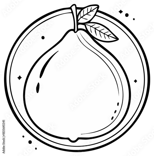Minimalist line art icon of a pear or guava fruit with leaves in a decorative circle frame