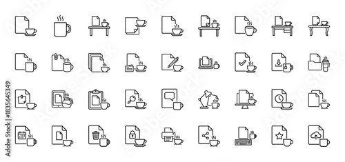 Office document workflow line icon set. Vector pictograms of document, paper, coffee cup, desk, and computer, thin outline illustration.