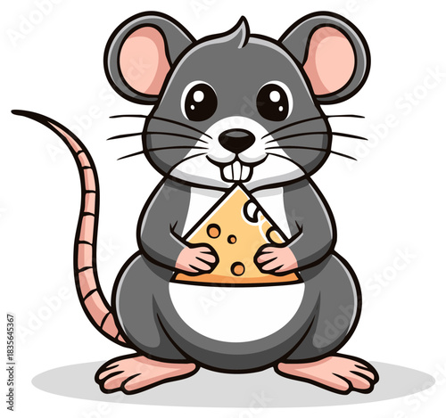 Cute Cartoon Mouse Holding Cheese Slice Illustration, Isolated Comic Rodent, Animal Character Design, Fable Creature