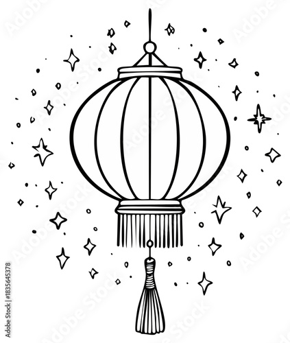Hand drawn traditional Asian lantern with decorative tassel and sparkling stars doodle illustration