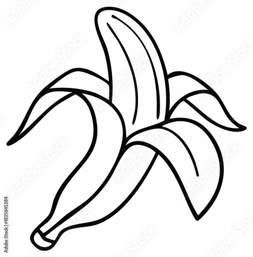 Peeled banana black and white line art illustration, simple cartoon drawing for coloring page