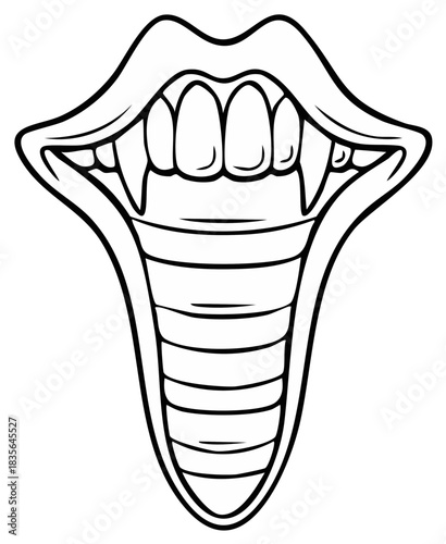 An open monster mouth with sharp snake fangs and teeth vector line art illustration