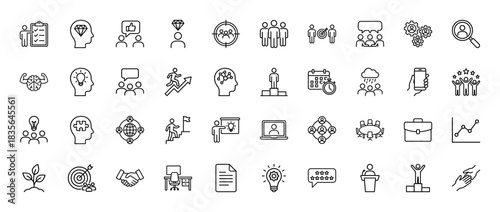 Business and career development line icon set. Vector pictograms of team, achievement, success, leadership, strategy, and brainstorming, thin outline illustration.