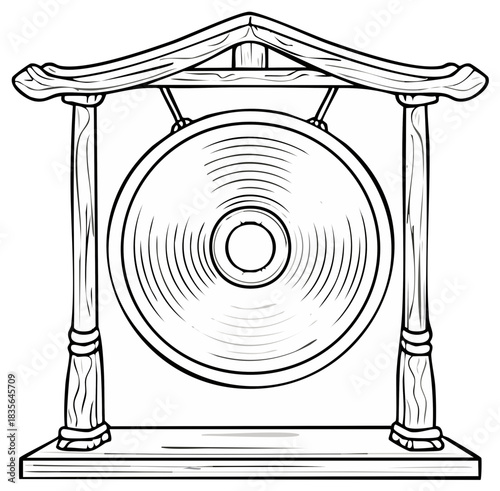 Dramatic Asian Gong Framed by Rustic Wooden Structure Outlines Isolated