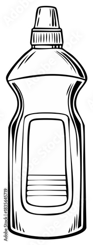 Simple black and white line drawing of a plastic dish soap or cleaning liquid bottle with a blank label