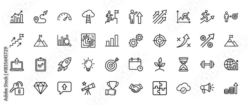 Business and success line icon set. Vector pictograms of charts, goals, growth, path, and strategy, thin outline illustration.