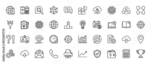 Business and technology line icon set. Vector pictograms of global finance, cloud computing, strategy, and data analysis, thin outline illustration.