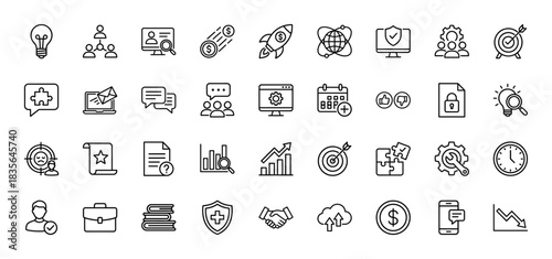 Business management line icon set. Vector pictograms of rocket, target, handshake, growth chart, money, team, hierarchy, shield and bulb. Thin outline illustration.