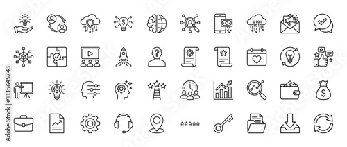 Business and strategy line icon set. Vector pictograms of idea, finance, success, project, and management, thin outline illustration.