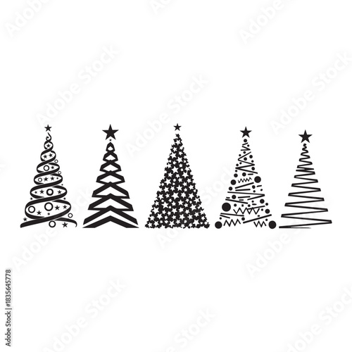 Five christmas trees with different designs in black and white standing side by side on a white background