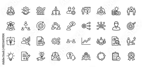 Business management and innovation line icon set. Vector pictograms of brainstorming, strategy, gear, lightbulb, handshake, meeting and analysis, thin outline illustration.