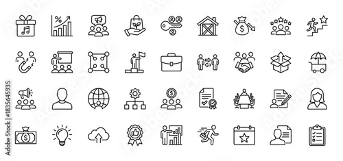 Business management and marketing line icon set. Vector pictograms of teamwork, finance, career, and strategy, thin outline illustration.