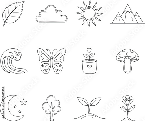 Sweet Nature Outlines a Set of 12 Hand-Drawn Icons Featuring Leaves, Mountains, Waves, and Moon Elements.