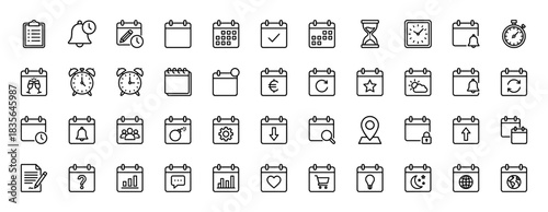 Planning and schedule line icon set. Vector pictograms of calendar, clock, checklist, and reminder, thin outline illustration.
