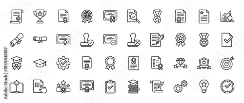 Education and certification line icon set. Vector pictograms of diploma, trophy, stamp, medal, shield, and graduation cap, thin outline illustration.