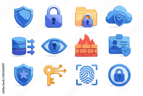 Zone secure cloud padlock shield privacy eye biometric d vector icons key