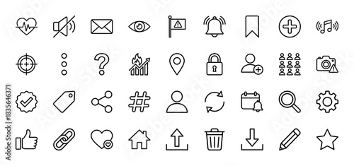 Interface and web line icon set. Vector pictograms of heart rate, calendar, settings, and lock, thin outline illustration.