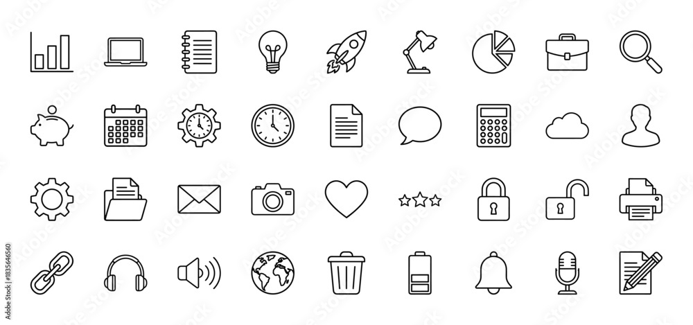 Fototapeta premium Business and office line icon set. Vector pictograms of graph, laptop, calendar, email, and lock, thin outline illustration.