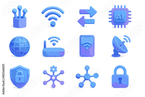 Mobile network d router icon grid vector antenna ai chip lock connection