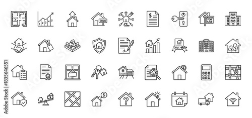 Real estate line icon set. Vector pictograms of house, blueprint, keys, sold, contract, and repair, thin outline illustration.