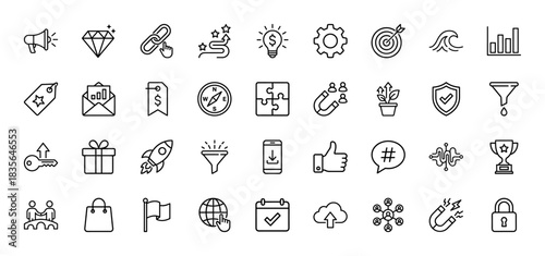 Marketing and business line icon set. Vector pictograms of megaphone, lightbulb, gear, puzzle, and calendar, thin outline illustration.