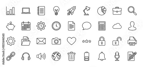 Business and office line icon set. Vector pictograms of graph, laptop, calendar, email, and lock, thin outline illustration.