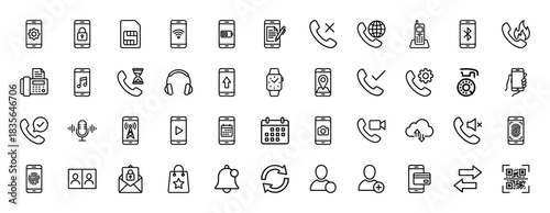 Mobile communication and device line icon set. Vector pictograms of smartphone settings, calling, wifi, calendar, and music, thin outline illustration.